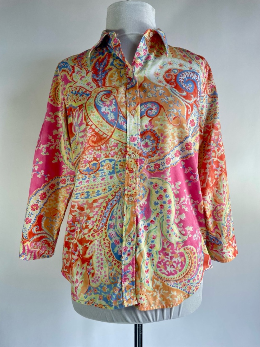 Lauren Ralph Lauren Paisley Button Front Shirt Size Small 3/4 sleeve Cotton